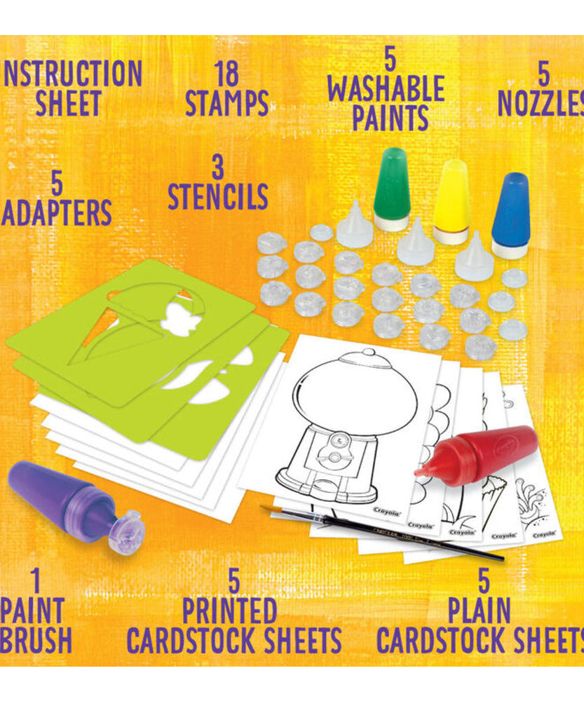 Crayola Washable Paint Stampers Set for Kids – 8 Interchangeable Neon Stamp Designs, 3 Washable Paint Bottles, Nozzles & Paper Sheets | Easy-Clean, Mess-Free Painting Activity Kit for Ages 7+