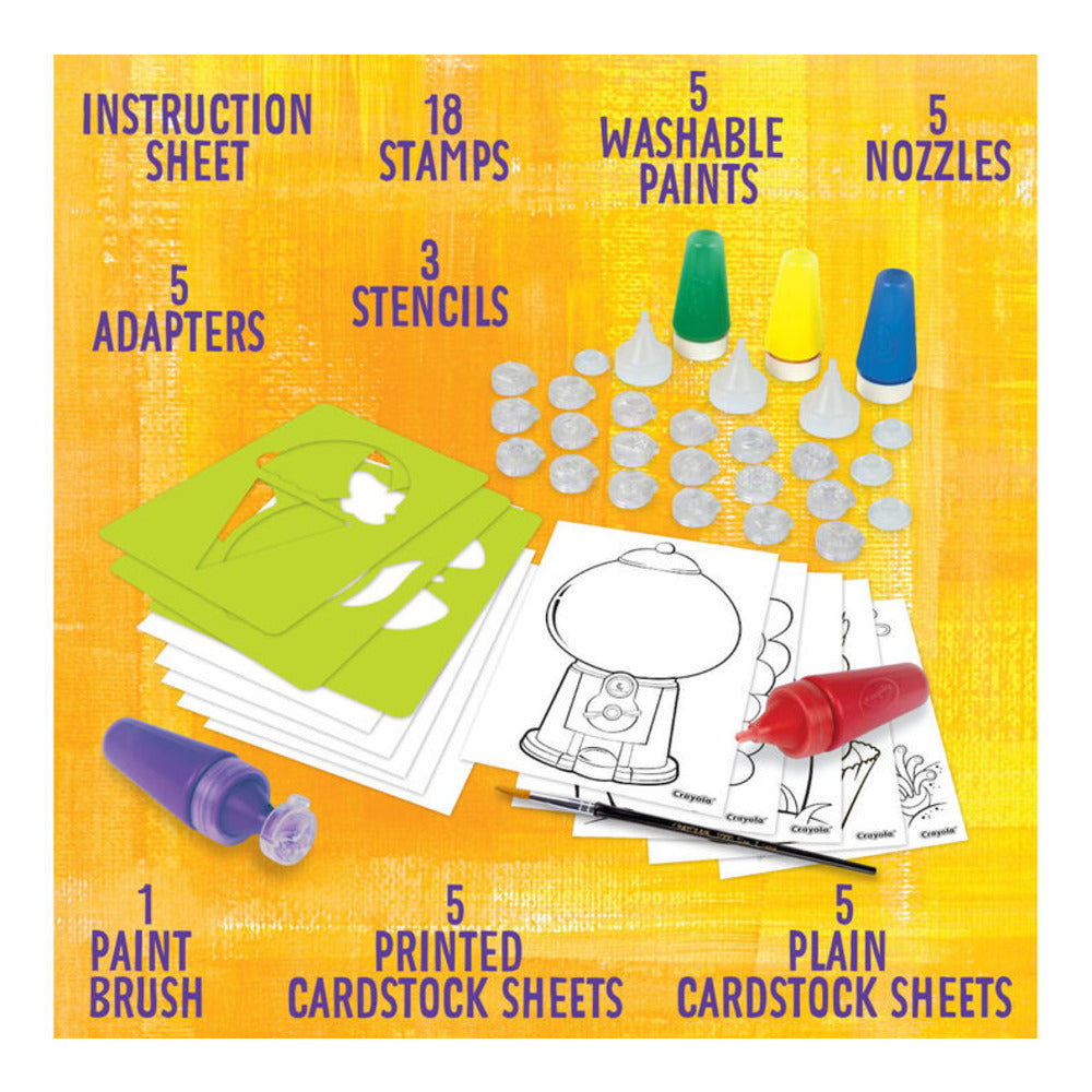 Crayola Washable Paint Stampers Set for Kids – 8 Interchangeable Neon Stamp Designs, 3 Washable Paint Bottles, Nozzles & Paper Sheets | Easy-Clean, Mess-Free Painting Activity Kit for Ages 7+