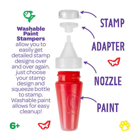 Crayola Washable Paint Stampers Set for Kids – 8 Interchangeable Neon Stamp Designs, 3 Washable Paint Bottles, Nozzles & Paper Sheets | Easy-Clean, Mess-Free Painting Activity Kit for Ages 7+