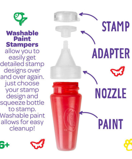 Crayola Washable Paint Stampers Set for Kids – 8 Interchangeable Neon Stamp Designs, 3 Washable Paint Bottles, Nozzles & Paper Sheets | Easy-Clean, Mess-Free Painting Activity Kit for Ages 7+