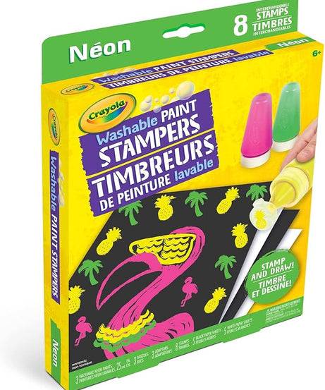 Crayola Washable Paint Stampers Set for Kids – 8 Interchangeable Neon Stamp Designs, 3 Washable Paint Bottles, Nozzles & Paper Sheets | Easy-Clean, Mess-Free Painting Activity Kit for Ages 7+