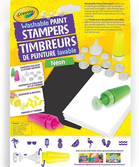 Crayola Washable Paint Stampers Set for Kids – 8 Interchangeable Neon Stamp Designs, 3 Washable Paint Bottles, Nozzles & Paper Sheets | Easy-Clean, Mess-Free Painting Activity Kit for Ages 7+