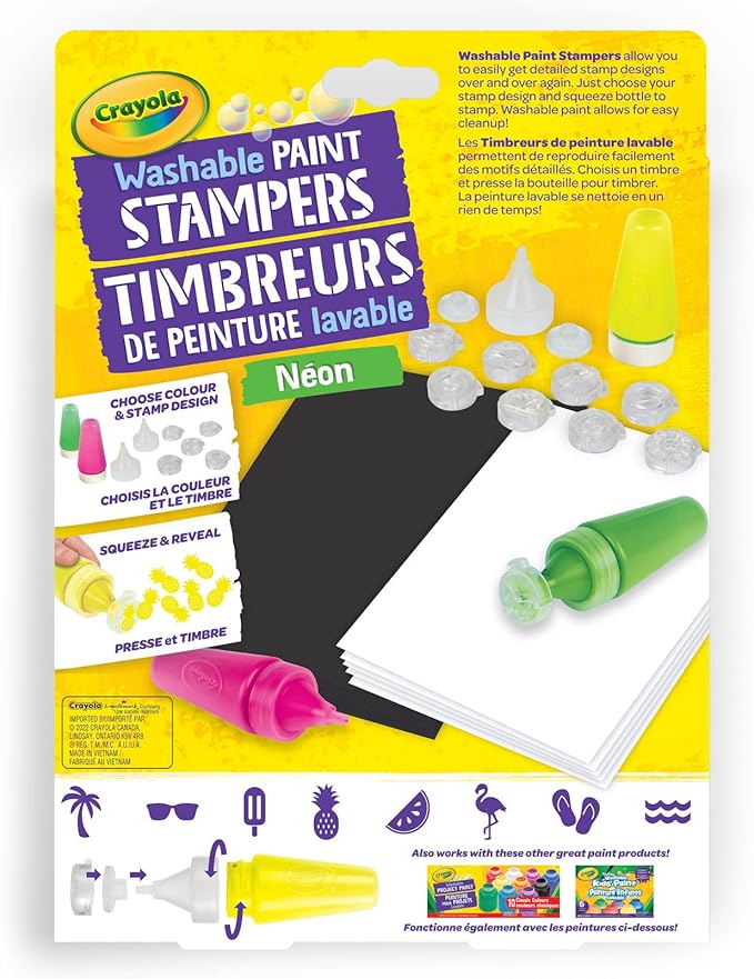 Crayola Washable Paint Stampers Set for Kids – 8 Interchangeable Neon Stamp Designs, 3 Washable Paint Bottles, Nozzles & Paper Sheets | Easy-Clean, Mess-Free Painting Activity Kit for Ages 7+