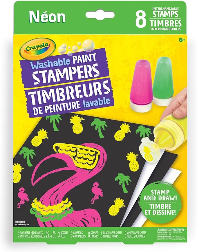 Crayola Washable Paint Stampers Set for Kids – 8 Interchangeable Neon Stamp Designs, 3 Washable Paint Bottles, Nozzles & Paper Sheets | Easy-Clean, Mess-Free Painting Activity Kit for Ages 7+