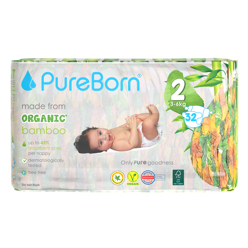 PureBorn Organic Bamboo Diapers Size 2 (3–6 kg) – 32 Pcs | Ultra-Soft, Hypoallergenic, Eco-Friendly & Leak-Proof Baby Diapers