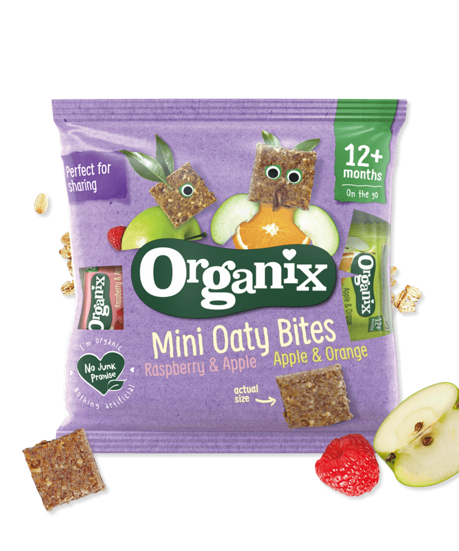 Organix Mini Oaty Bites - Raspberry & Apple and Apple & Orange (Bag of 10g Bites) | 100% Organic Wholegrain Toddler Snacks for 12 Months+ | High Fibre, Vegan & No Junk Promise - MINIMEE KIDS