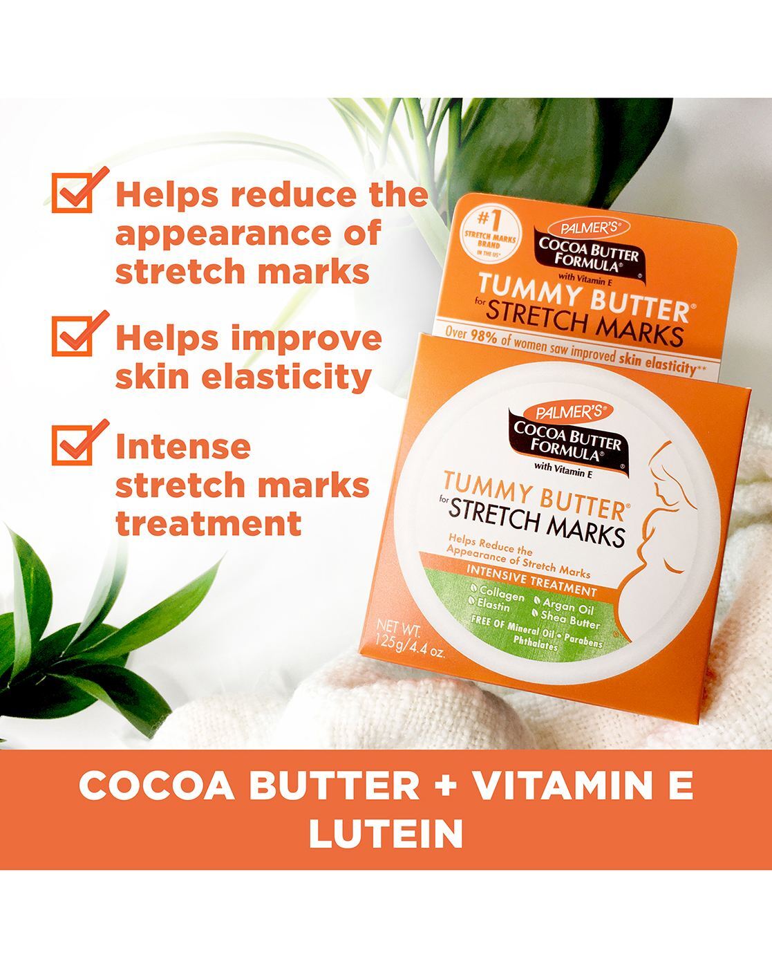 Palmer’s Cocoa Butter Formula Tummy Butter for Pregnancy Stretch Marks – 125g | Intensive Nighttime Moisturizer with Vitamin E, Argan Oil & Collagen for Skin Elasticity & Scar Reduction