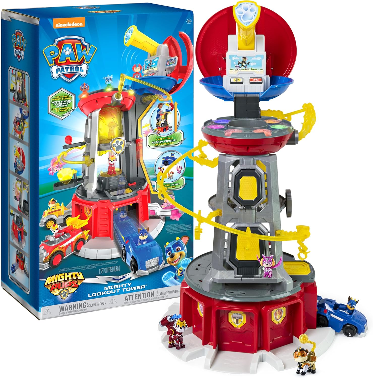 PAW Patrol Mighty Lookout Tower - Mighty Pups Super PAWs with Working Elevator, Lights, Sounds & Zip Line – Includes Chase Figure & Vehicle, Gift for Kids Ages 3+