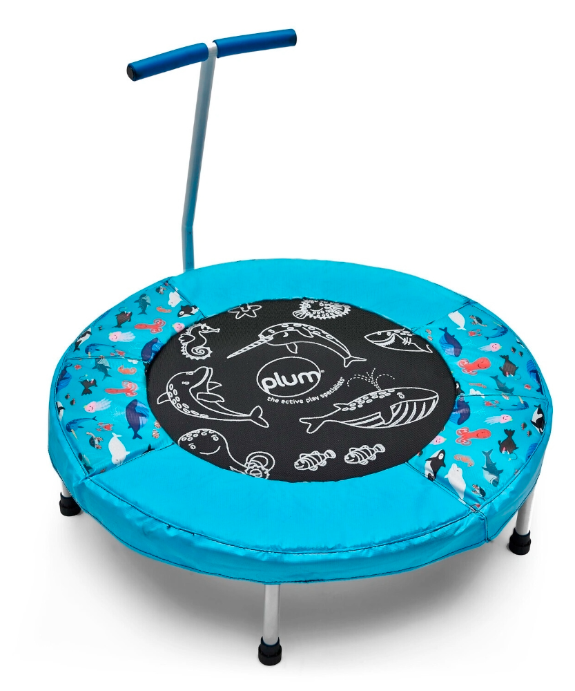 Plum Junior Ocean Bouncer Trampoline with Ocean-Themed Sounds – Safe Spring-Free Indoor Trampoline for Toddlers 18 Months+ | Soft-Grip Handle | Motion-Activated Sea Animal Sounds | Max Weight 25kg - MINIMEE KIDS