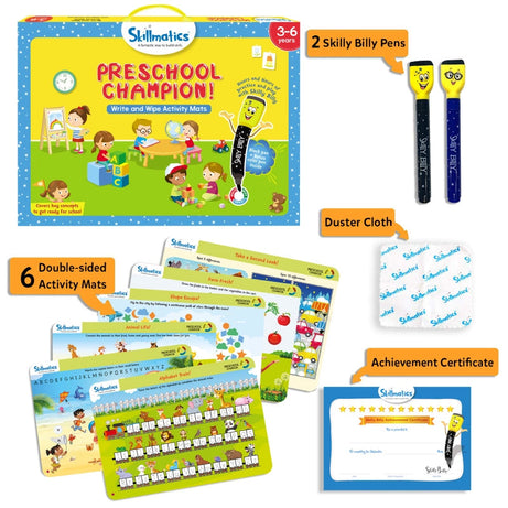 Skillmatics Preschool Champion: Write & Wipe Reusable Activity Mats for Kids Ages 3-6 | Master Key Concepts for School Readiness with 17 Engaging Activities