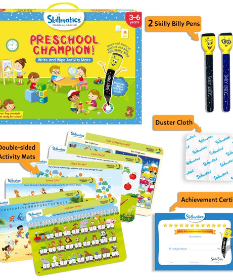 Skillmatics Preschool Champion: Write & Wipe Reusable Activity Mats for Kids Ages 3-6 | Master Key Concepts for School Readiness with 17 Engaging Activities - MINIMEE KIDS