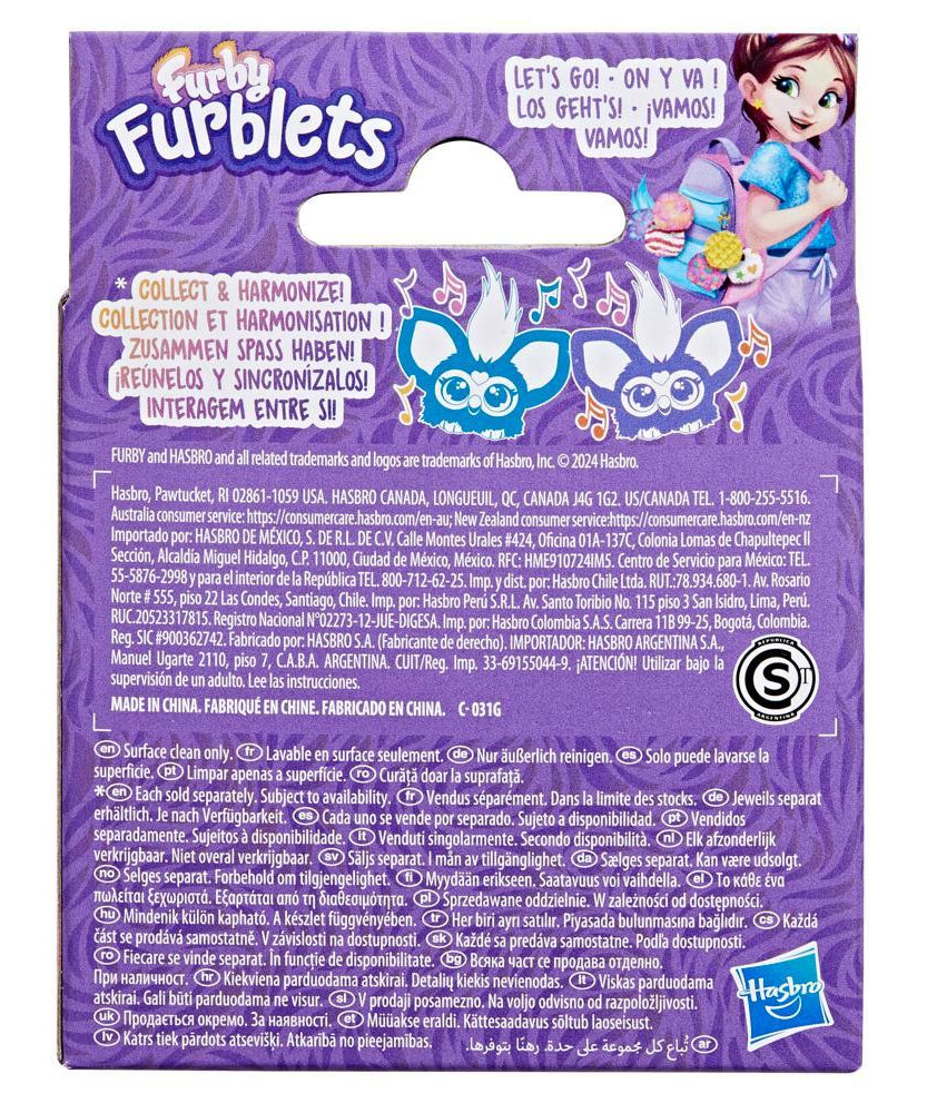 Purple packaging of Furbly Furblets with character illustration and text.