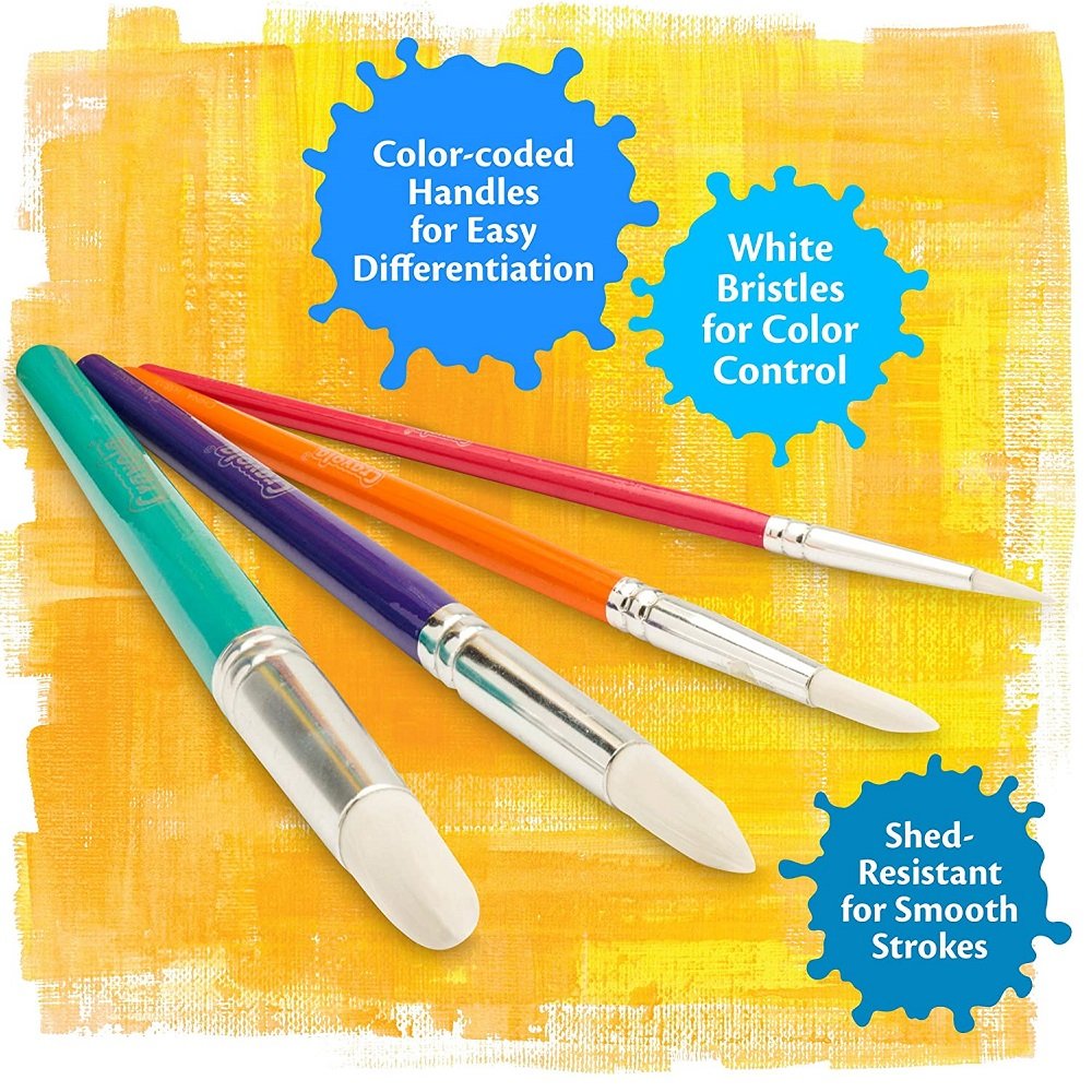 Crayola 4 Count Round Paint Brushes Set – Soft White Taklon Bristles with Vibrant Metallic Handles | For Washable, Tempera & Acrylic Paint | Ideal for Kids' Art & Craft Projects, Posters, and School Use