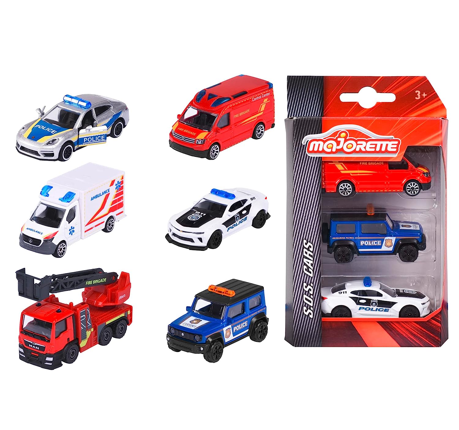Majorette SOS Toy Vehicle Set – 3 Emergency Vehicles from the S.O.S. Cars Edition (Shipped at Random) | 1:64 Scale Die-Cast Model Cars with Rubber Tires, Suspension & Opening Parts | Licensed Vehicles