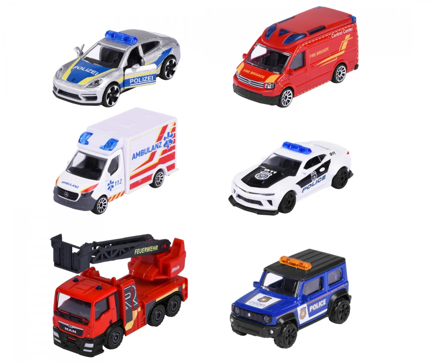 Majorette SOS Cars - Set of 6 | Official Licensed Die-Cast Emergency Vehicles (Porsche, Camaro, Ambulance, Fire Truck, Police, SUV)