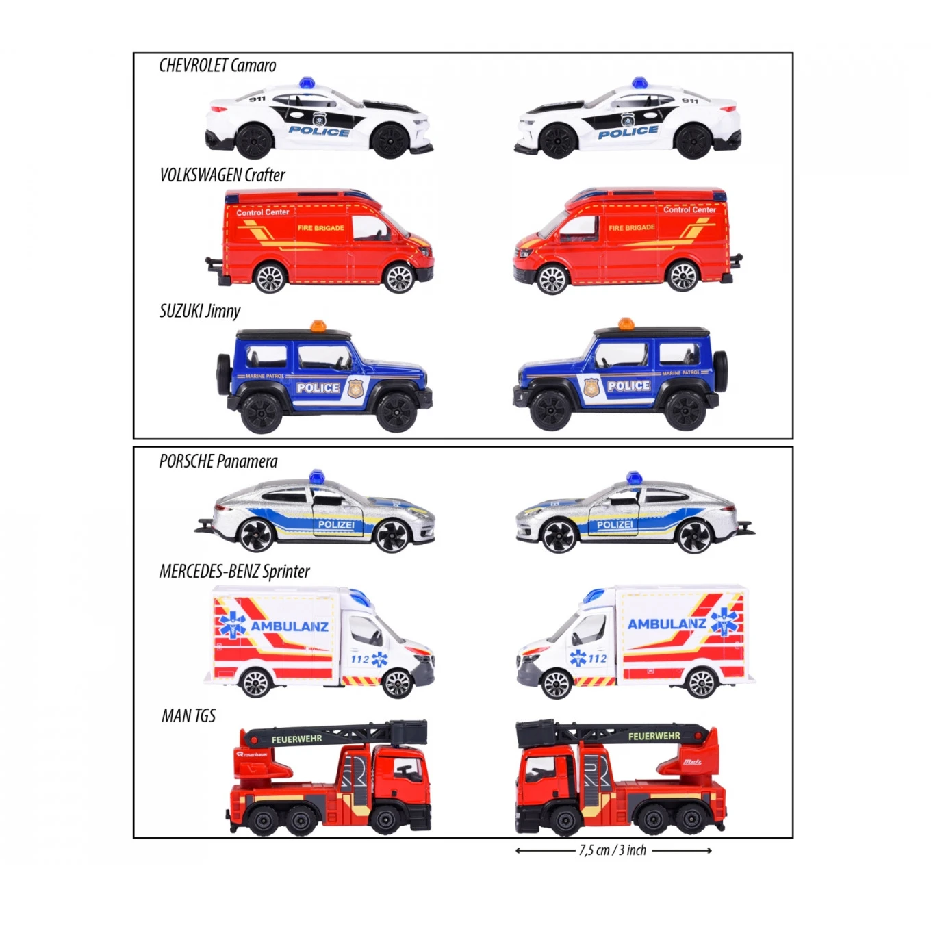Majorette SOS Cars - Set of 6 | Official Licensed Die-Cast Emergency Vehicles (Porsche, Camaro, Ambulance, Fire Truck, Police, SUV)