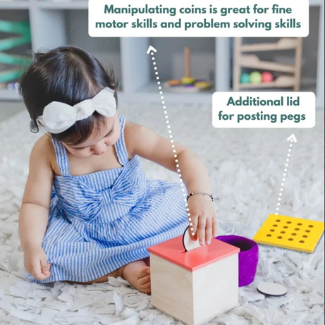 Curious Cub Wooden Coin & Peg Box, Montessori-Inspired 2-in-1 Shape Sorter for Ages 12 Months+, Develops Fine Motor Skills, Problem-Solving, and Object Permanence
