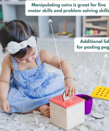 Curious Cub Wooden Coin & Peg Box, Montessori-Inspired 2-in-1 Shape Sorter for Ages 12 Months+, Develops Fine Motor Skills, Problem-Solving, and Object Permanence - MINIMEE KIDS