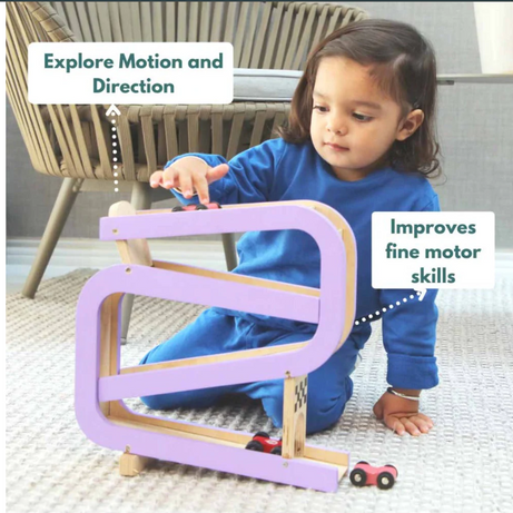 Curious Cub Wooden Car Tracker Ramp Racer Toy | 4-Level Rolling Car Slide Track with 4 Mini Cars | Montessori-Inspired Early Learning Toy for Toddlers 16 Months+