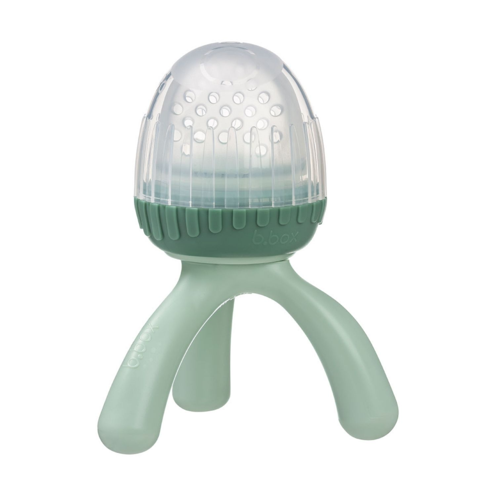 B.Box Silicone Fresh Food Feeder for Babies (4m+) | Self-Feeding Fruit & Veggie Teether with Ergonomic Tripod Handle | BPA-Free & Dishwasher Safe | Available in Lullaby Blue, Sage Green, Blush Pink, Peony Purple - MINIMEE KIDS