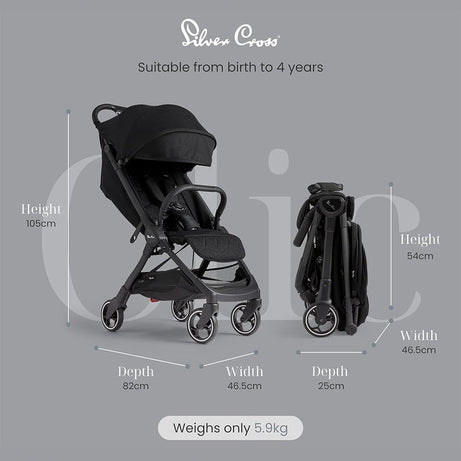 Silver Cross Clic Lightweight Baby Stroller, Cabin Approved | One Hand Fold Car Seat Compatible | Upto 22Kg