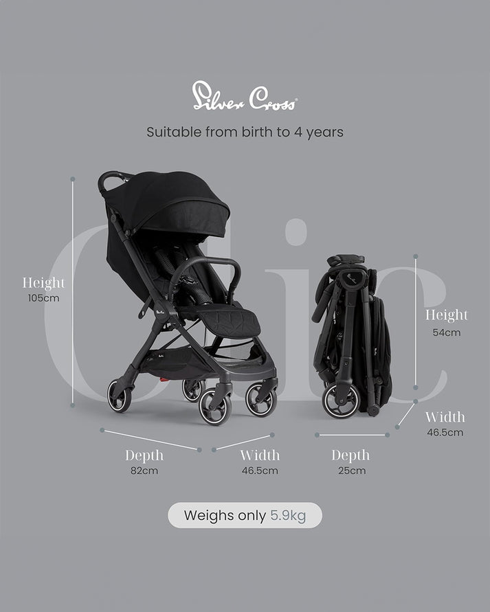 Silver Cross Clic Lightweight Baby Stroller, Cabin Approved | One Hand Fold Car Seat Compatible | Upto 22Kg