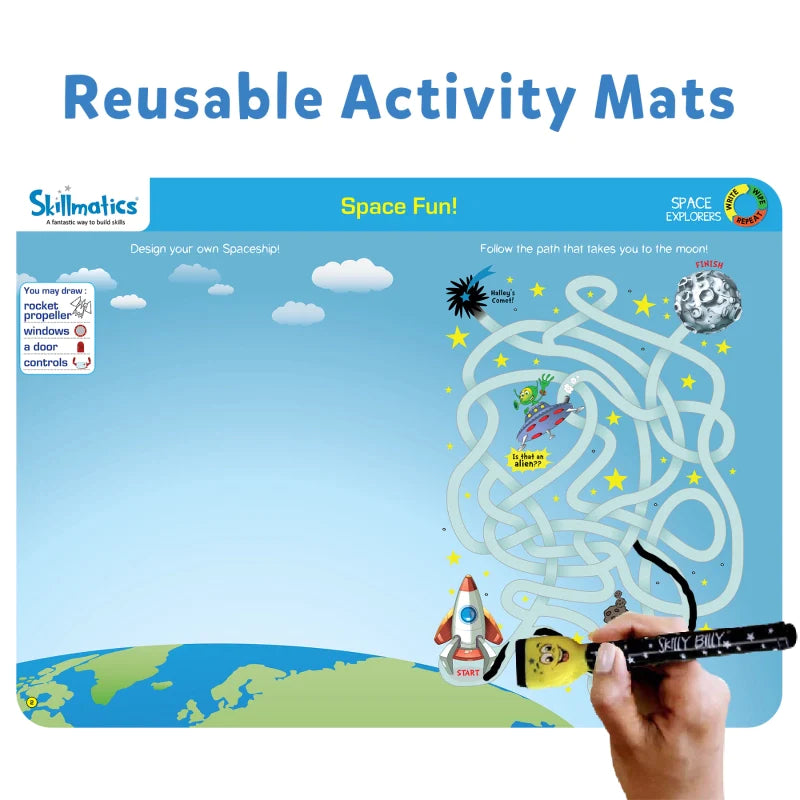 Skillmatics Space Explorers: Engaging Write & Wipe Activity Mats for Kids Ages 6-9 | Discover the Wonders of Space with 20 Repeatable Activities, Board Game Fun, and Essential Learning Skills - MINIMEE KIDS