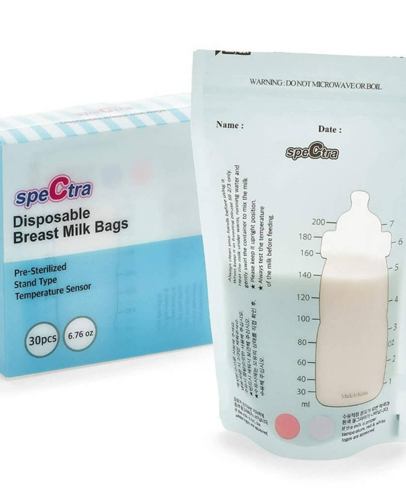 Spectra Disposable Breast Milk Storage Bags – Pre-Sterilized, BPA-Free, Double-Lined, Self-Standing with Temperature Control Guide | 200ml, 30 Pcs - MINIMEE KIDS