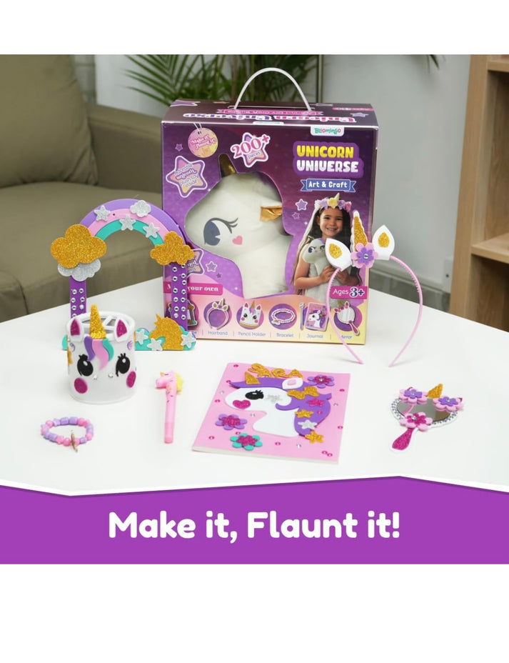 Bloomingo Unicorn Universe 6-in-1 DIY Craft Kit with Unicorn Plush Toy | Perfect for Ages 3+ | 200+ Piece Bundle Set