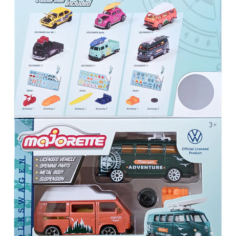 Majorette Volkswagen The Originals 2-Vehicle Gift Pack (3 Assorted Sets) | Officially Licensed Die-Cast Cars with Accessories & Sticker Sheet, for Kids & Collectors Aged 3+