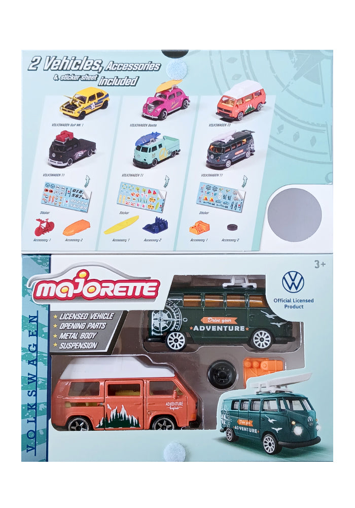 Majorette Volkswagen The Originals 2-Vehicle Gift Pack (3 Assorted Sets) | Officially Licensed Die-Cast Cars with Accessories & Sticker Sheet, for Kids & Collectors Aged 3+