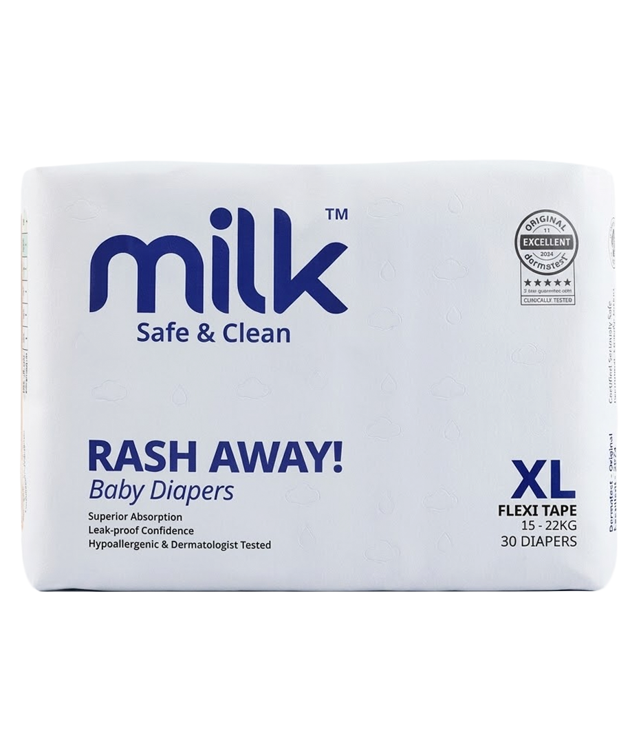Milk Rash Away Baby Diapers | Extra Large (XL) Size Flexi Tape | 30 Count | 15-22kg | Superior Absorption, Leak-Proof & Dermatologist Tested