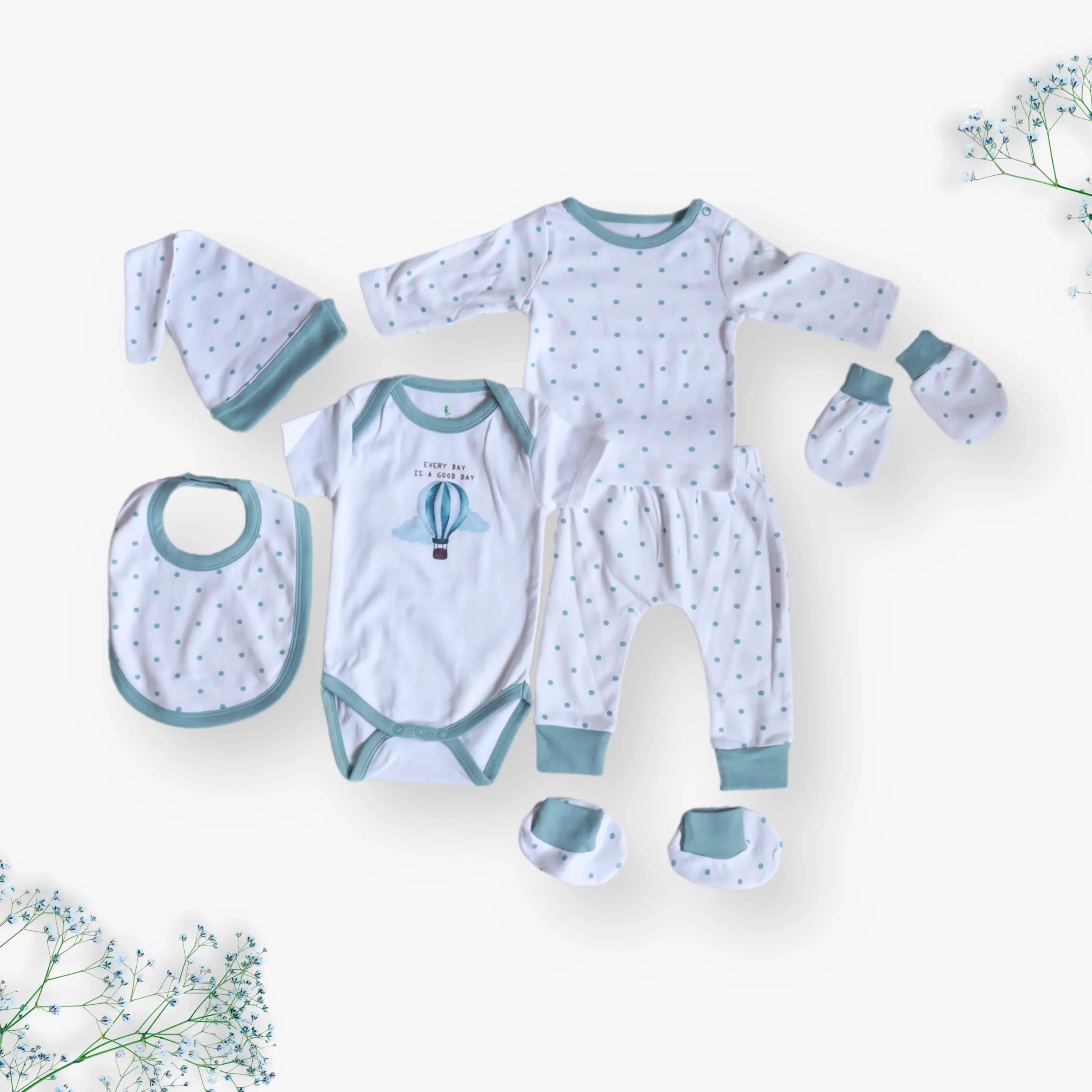 Zach & Kiki Infant 7 Piece Gift Set – Hot Air Balloon Theme, 100% Cotton Newborn Essentials with Bodysuit, Sleepsuit, Bib, Cap, Mittens, and Booties