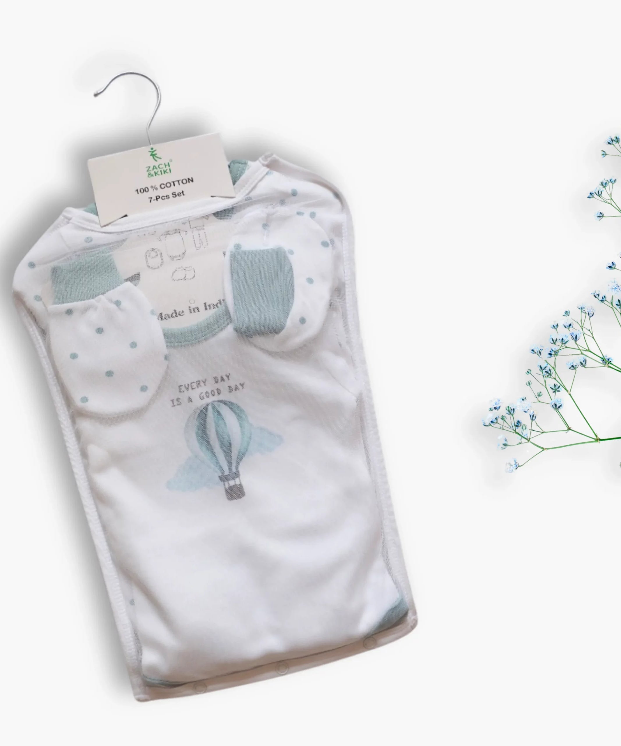 Zach & Kiki Infant 7 Piece Gift Set – Hot Air Balloon Theme, 100% Cotton Newborn Essentials with Bodysuit, Sleepsuit, Bib, Cap, Mittens, and Booties
