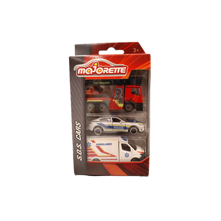 Majorette SOS Toy Vehicle Set – 3 Emergency Vehicles from the S.O.S. Cars Edition (Shipped at Random) | 1:64 Scale Die-Cast Model Cars with Rubber Tires, Suspension & Opening Parts | Licensed Vehicles