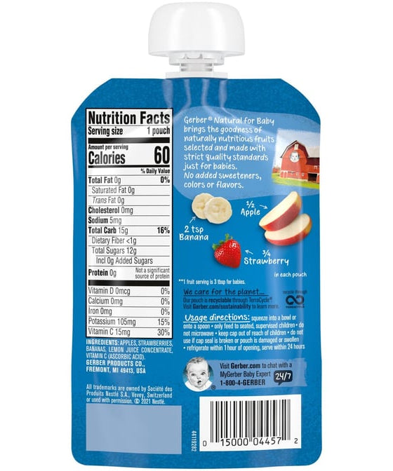 Gerber Natural Apple Strawberry Banana Puree with Vitamin C for Babies 6-8 Months - 99g - Delicious & Nutritious Fruit Blend - MINIMEE KIDS