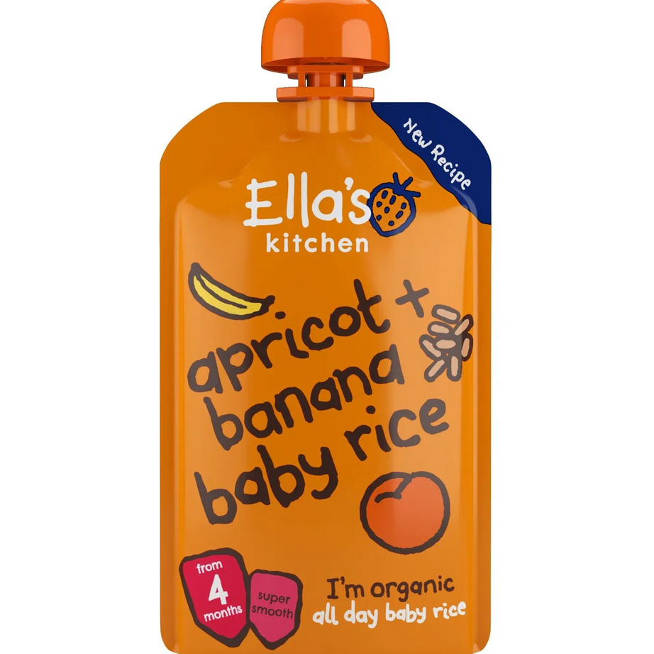 Ella's Kitchen Apricot & Banana Baby Rice – Organic Smooth Puree for 4+ Months – 120g Pouch – No Added Sugar, Salt, or Water – Naturally Sweet & Gluten-Free
