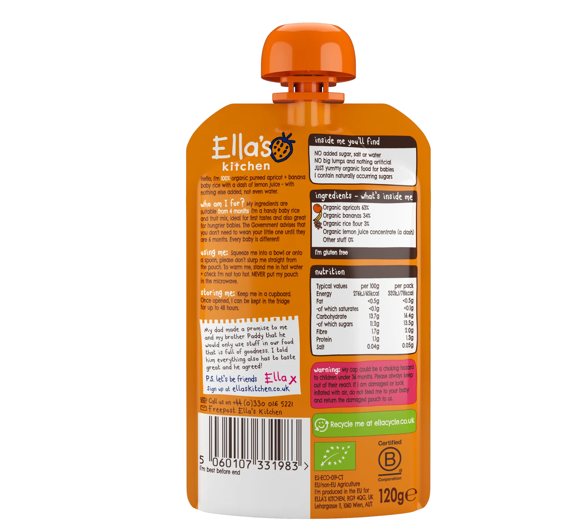 Ella's Kitchen Apricot & Banana Baby Rice – Organic Smooth Puree for 4+ Months – 120g Pouch – No Added Sugar, Salt, or Water – Naturally Sweet & Gluten-Free