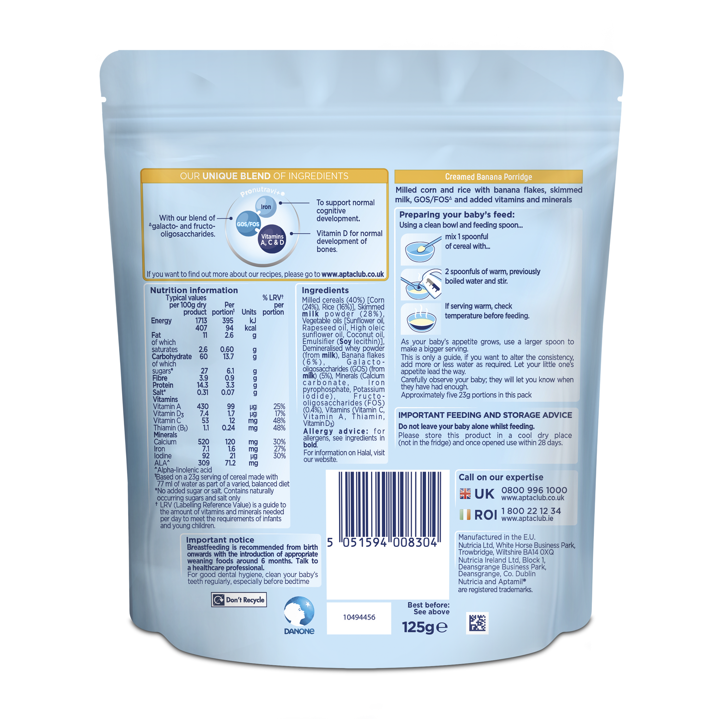 Nutricia Aptamil Creamed Banana Porridge for Babies 4-6 Months & Above | 125g | Gentle Weaning Food - MINIMEE KIDS