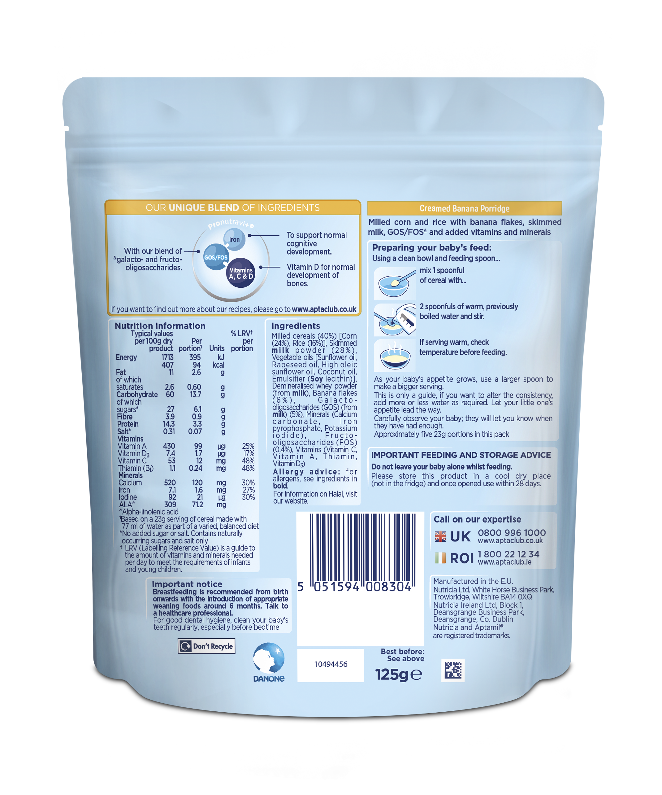 Nutricia Aptamil Creamed Banana Porridge for Babies 4-6 Months & Above | 125g | Gentle Weaning Food - MINIMEE KIDS