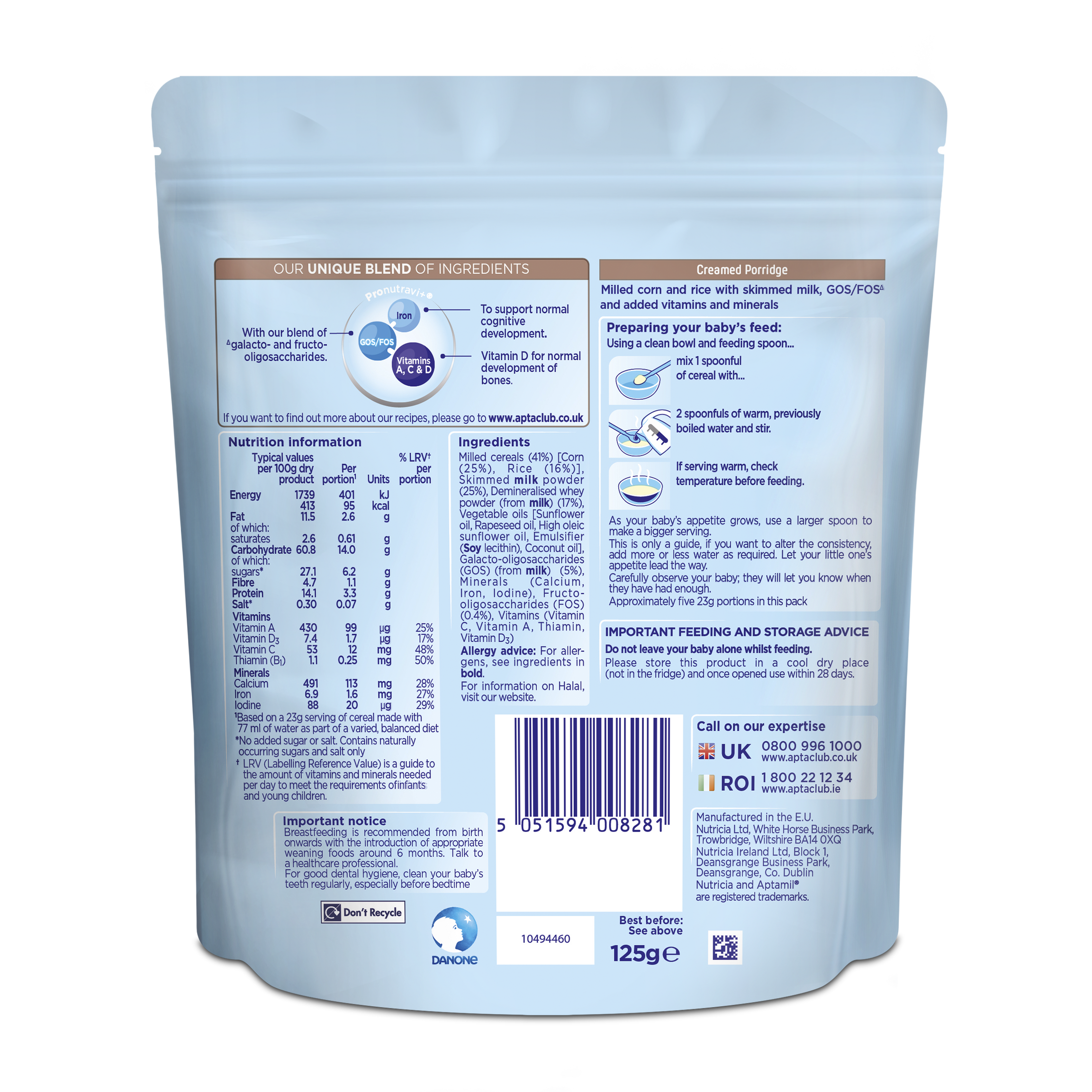 Nutricia Aptamil Creamed Porridge for Babies 4 to 6 Months & Above | 125g | Nutrient-Rich First Weaning Food - MINIMEE KIDS