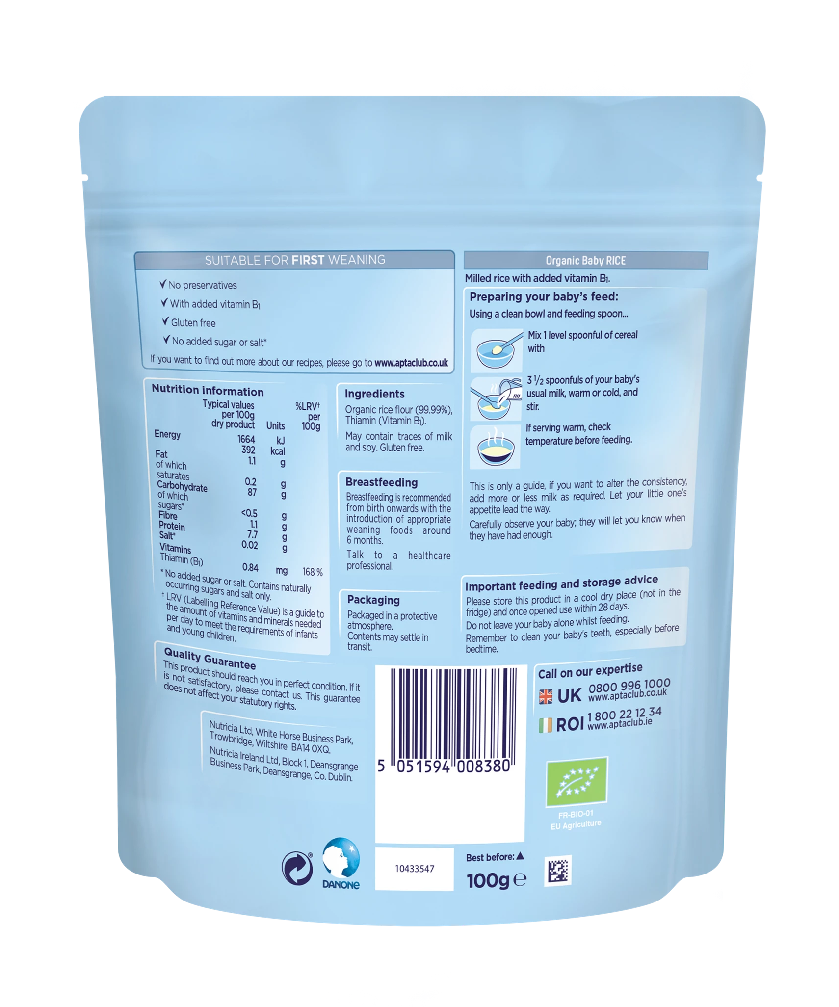 Nutricia Aptamil Organic Baby Rice for Babies 4 to 6 Months | 100g | Gentle Weaning Food for First Solids - MINIMEE KIDS