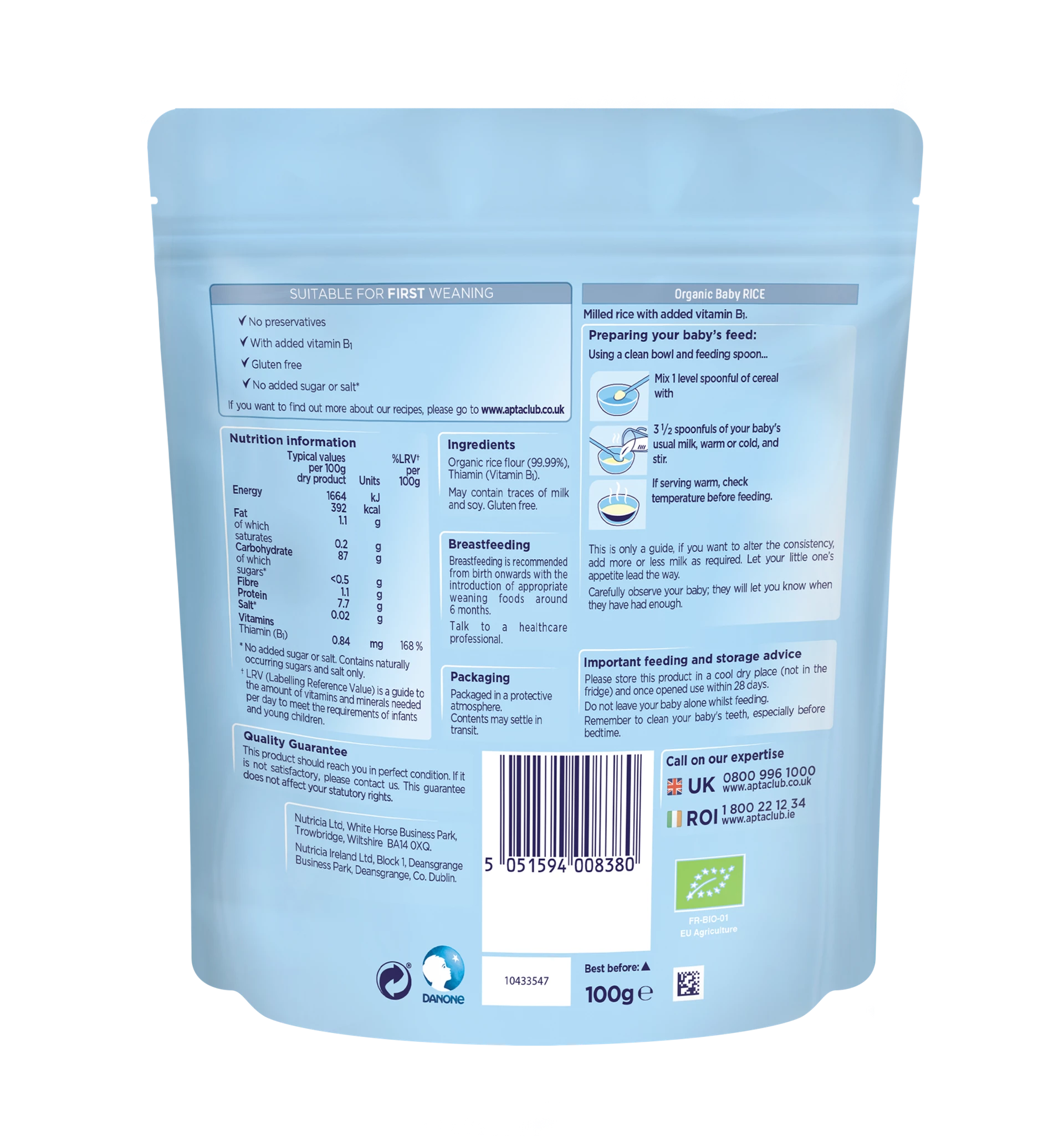 Nutricia Aptamil Organic Baby Rice for Babies 4 to 6 Months | 100g | Gentle Weaning Food for First Solids - MINIMEE KIDS