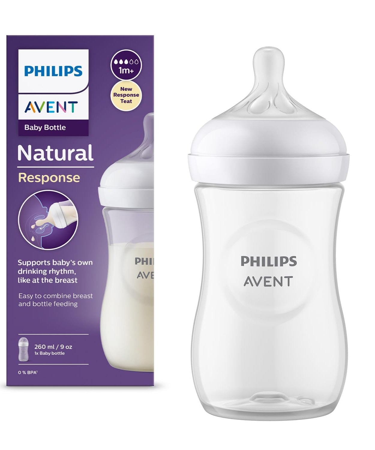 AVENT Philips Natural Response Baby Bottle - 260ml, BPA-Free Baby Milk Bottle for Newborns & Up, 1+ Months (Model SCY903/01) - MINIMEE KIDS