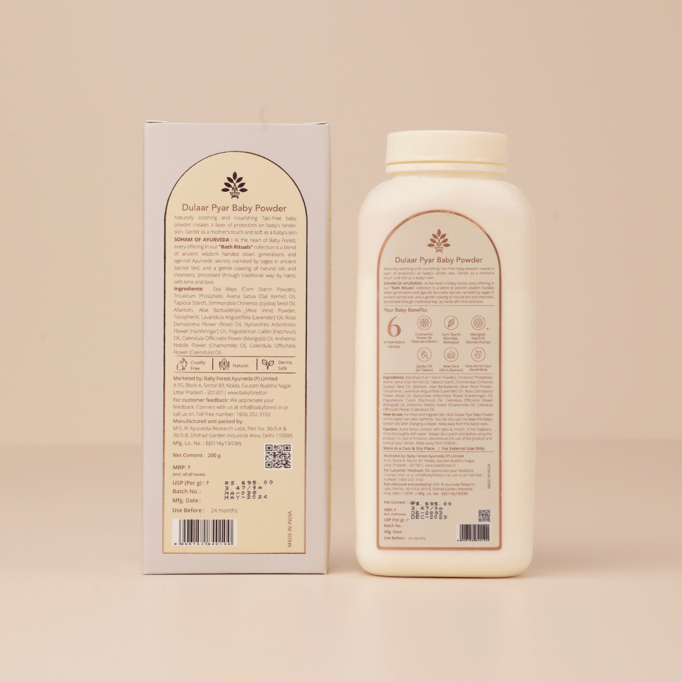 Baby Forest Dulaar Pyar Ayurvedic Talc-Free Baby Powder for 0+ Years – 200g | Gentle Corn & Oats Formula to Soothe Rashes & Keep Baby’s Skin Fresh, Dry & Protected | Enriched with Aloe Vera, Chamomile & Calendula