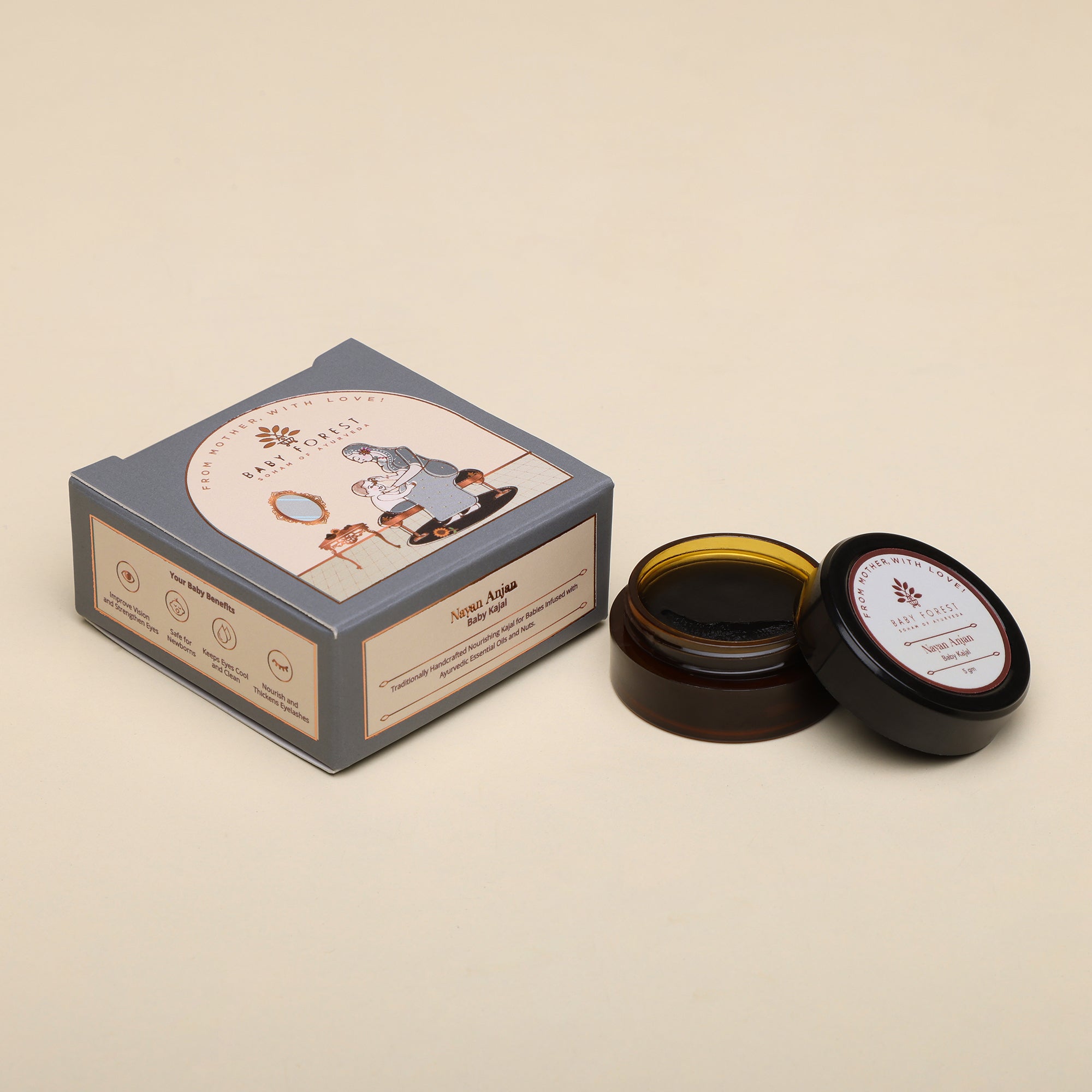 Baby Forest Nayan Anjan Baby Kajal – 5g | 100% Natural & Organic Eye Kohl for Babies | No Parabens, No Preservatives | Ayurvedic Soothing Formula with Camphor & Almond Oil