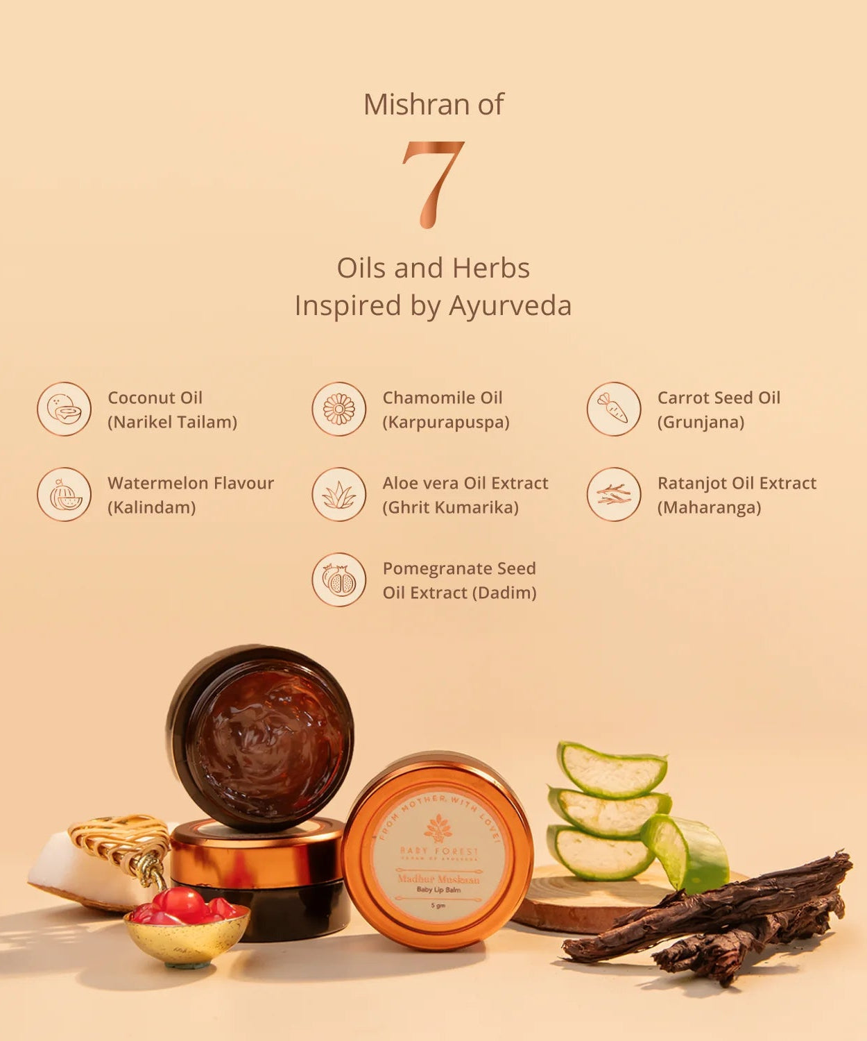 Baby Forest Madhur Muskaan Baby Lip Balm for Kids Aged 2+ Years | 100% Natural Ayurvedic Lip Moisturizer with Coconut, Aloe Vera & Pomegranate Oils | Safe, Gentle & Toxin-Free Balm | 5g - MINIMEE KIDS