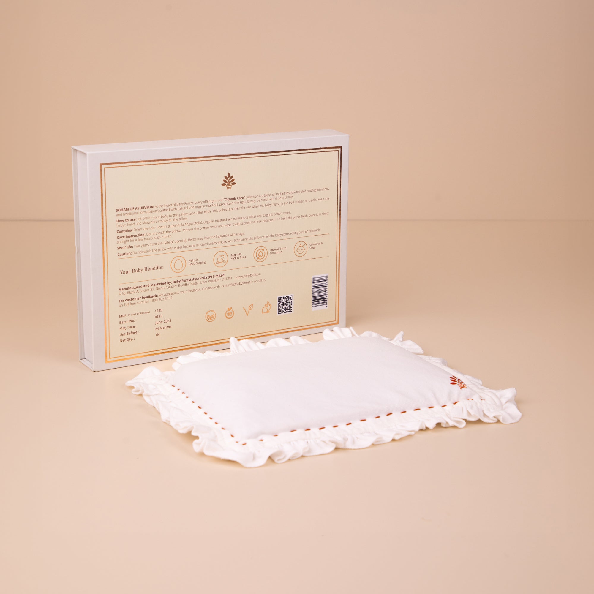 Baby Forest Somya Aakar Organic Mustard & Lavender Pillow for Newborns – Flat Head Prevention & Neck Support | 0-6 Months | Organic Cotton Cover