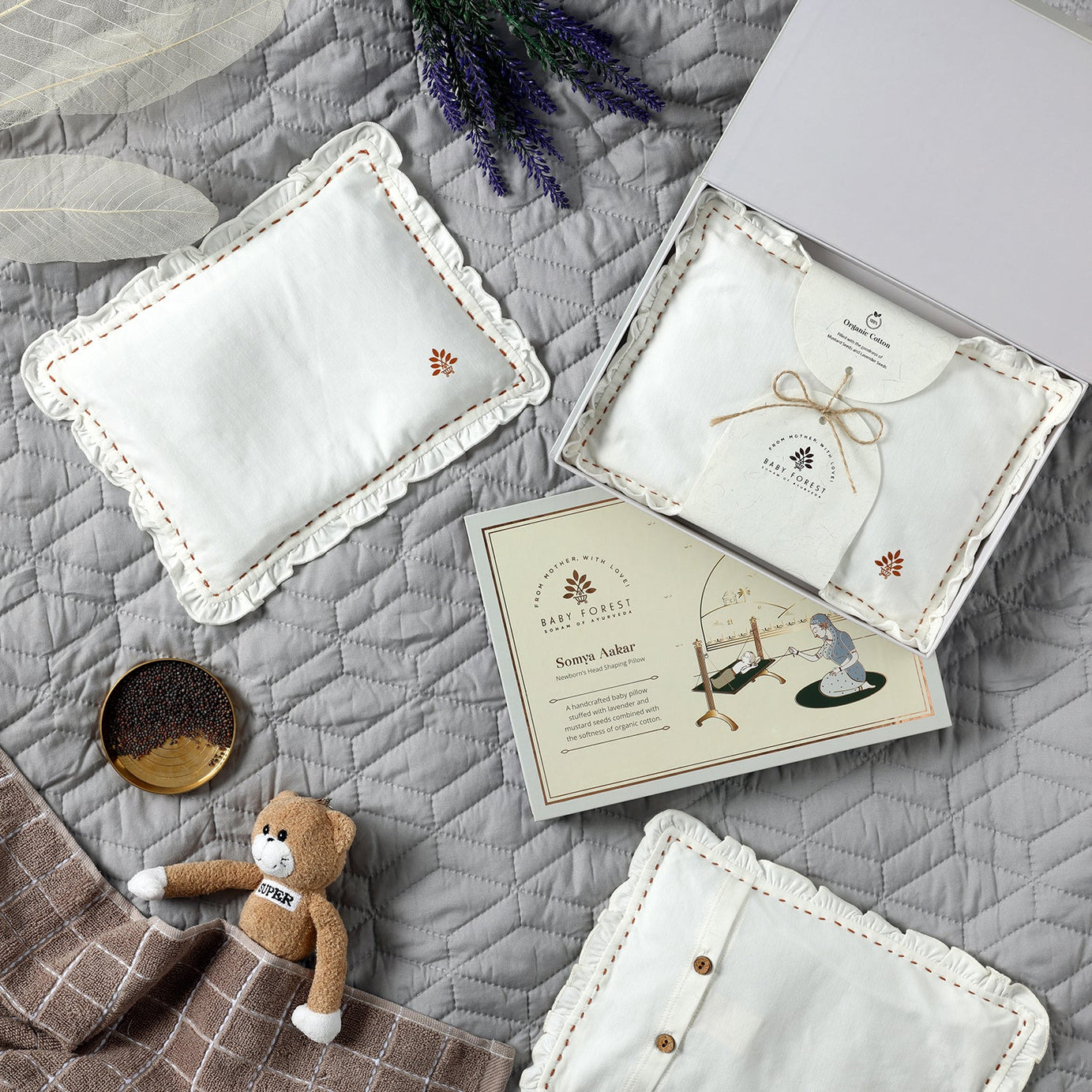 Baby Forest Somya Aakar Organic Mustard & Lavender Pillow for Newborns – Flat Head Prevention & Neck Support | 0-6 Months | Organic Cotton Cover