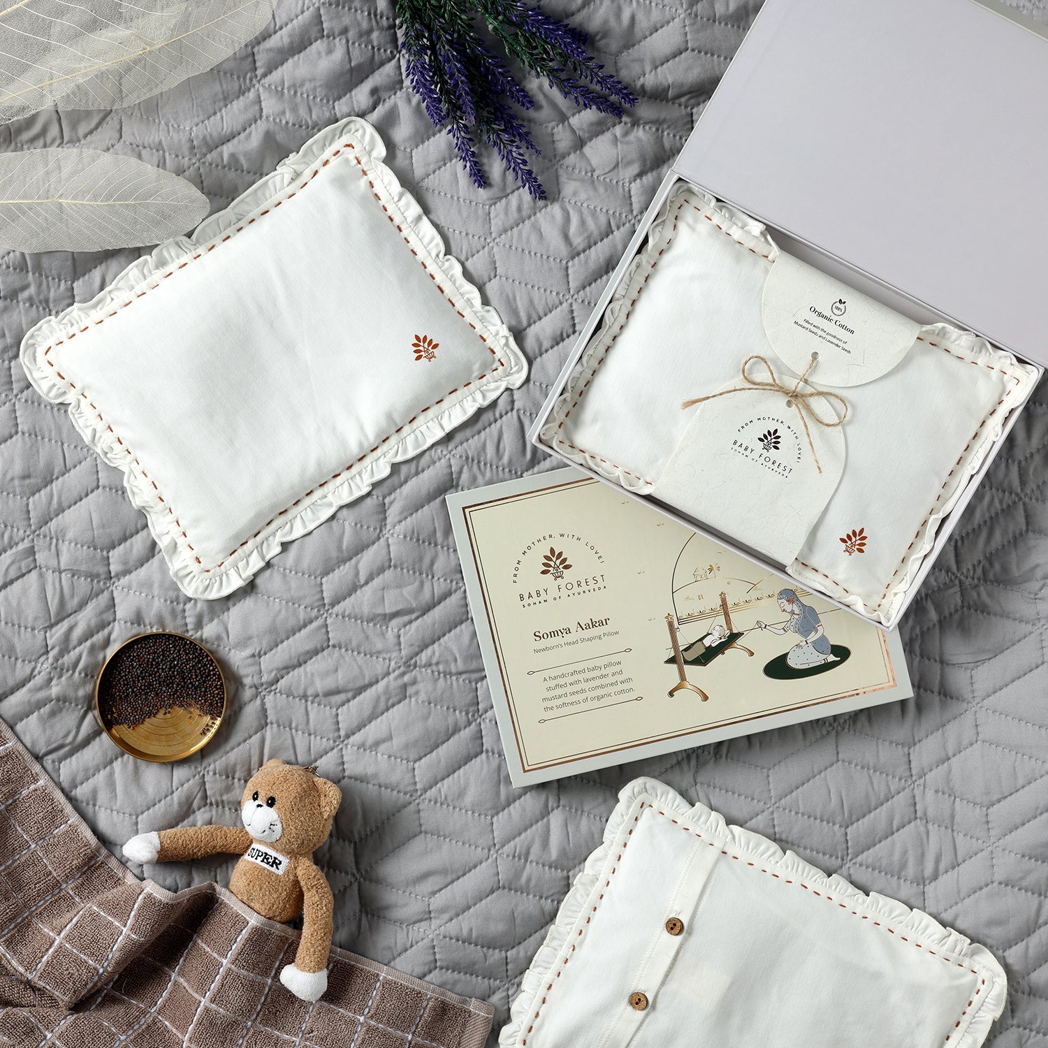 Baby Forest Somya Aakar Organic Mustard & Lavender Pillow for Newborns – Flat Head Prevention & Neck Support | 0-6 Months | Organic Cotton Cover